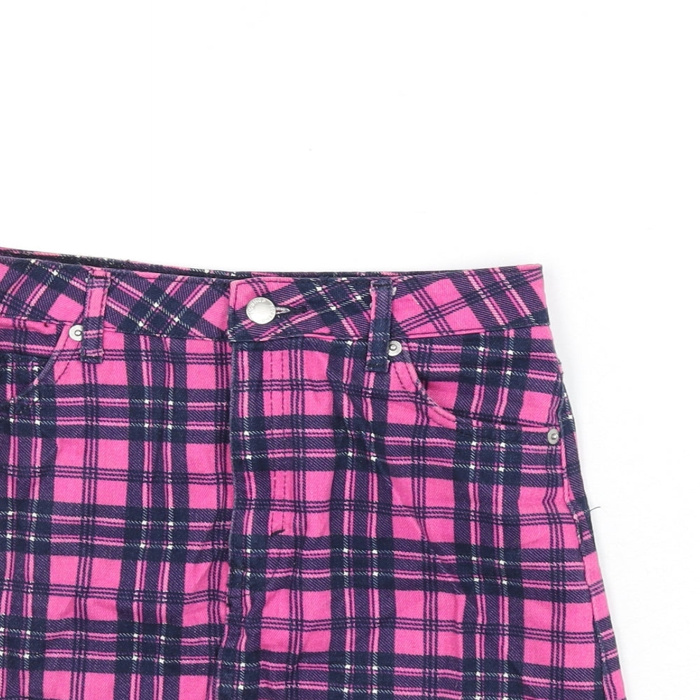 Topshop Womens Pink Plaid Cotton A-Line Skirt Size 8 Zip
