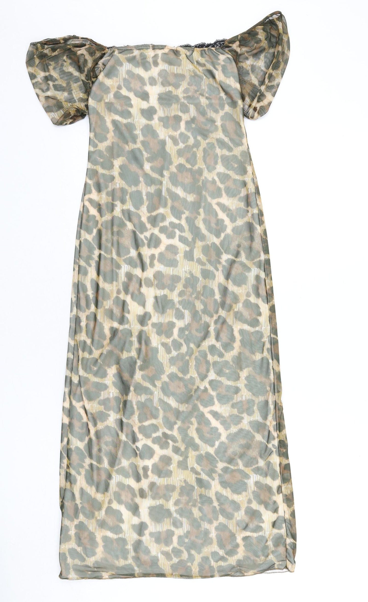 PRETTYLITTLETHING Womens Multicoloured Animal Print Polyester Bodycon Size 8 Off the Shoulder Pullover - Leopard Print, Lace Trim