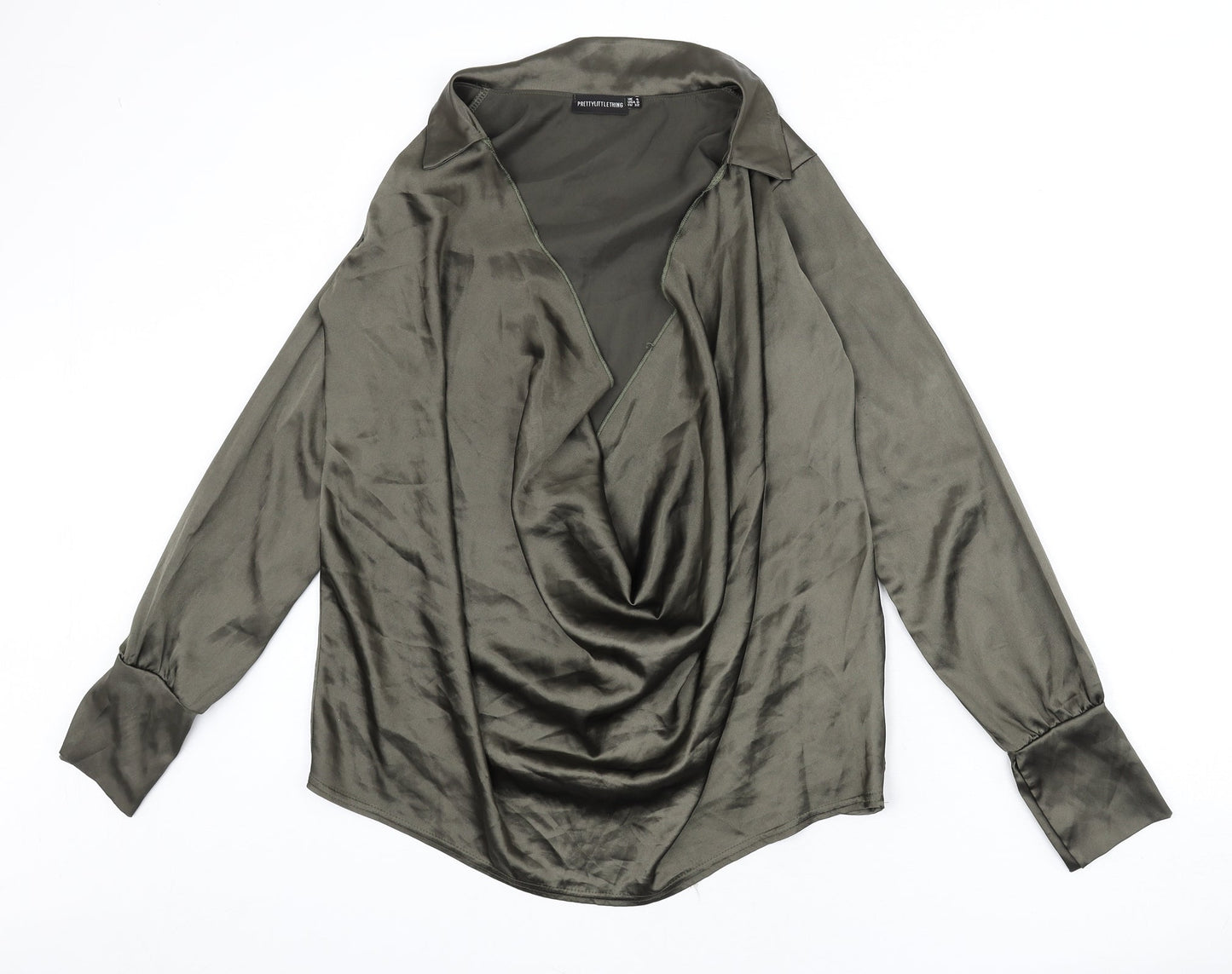PRETTYLITTLETHING Womens Green Polyester Basic Blouse Size 4 Collared - Plunging Neckline, Cowl Neckline