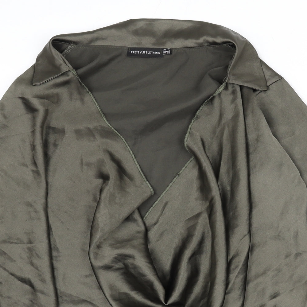 PRETTYLITTLETHING Womens Green Polyester Basic Blouse Size 4 Collared - Plunging Neckline, Cowl Neckline