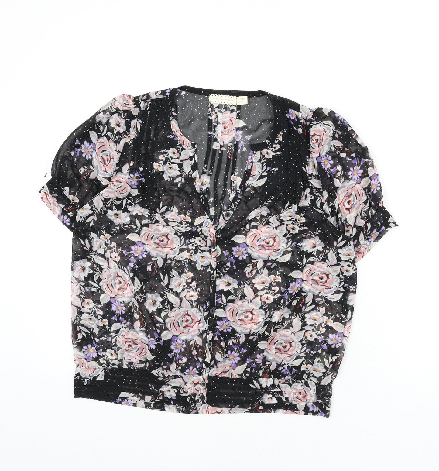 Pins & Needles Womens Black Floral Polyester Basic Button-Up Size S V-Neck