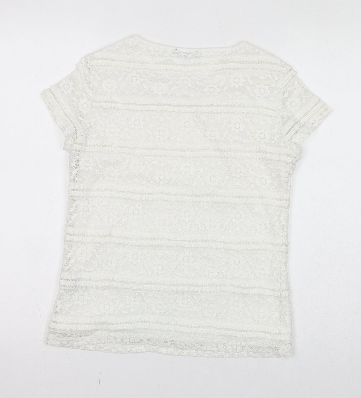 Premise Womens White Polyester Basic T-Shirt Size XS Round Neck - Lace