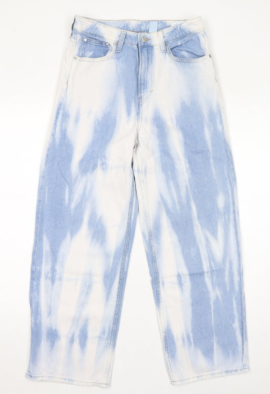 H&M Womens Blue Geometric Cotton Straight Jeans Size 8 L27 in Regular Zip