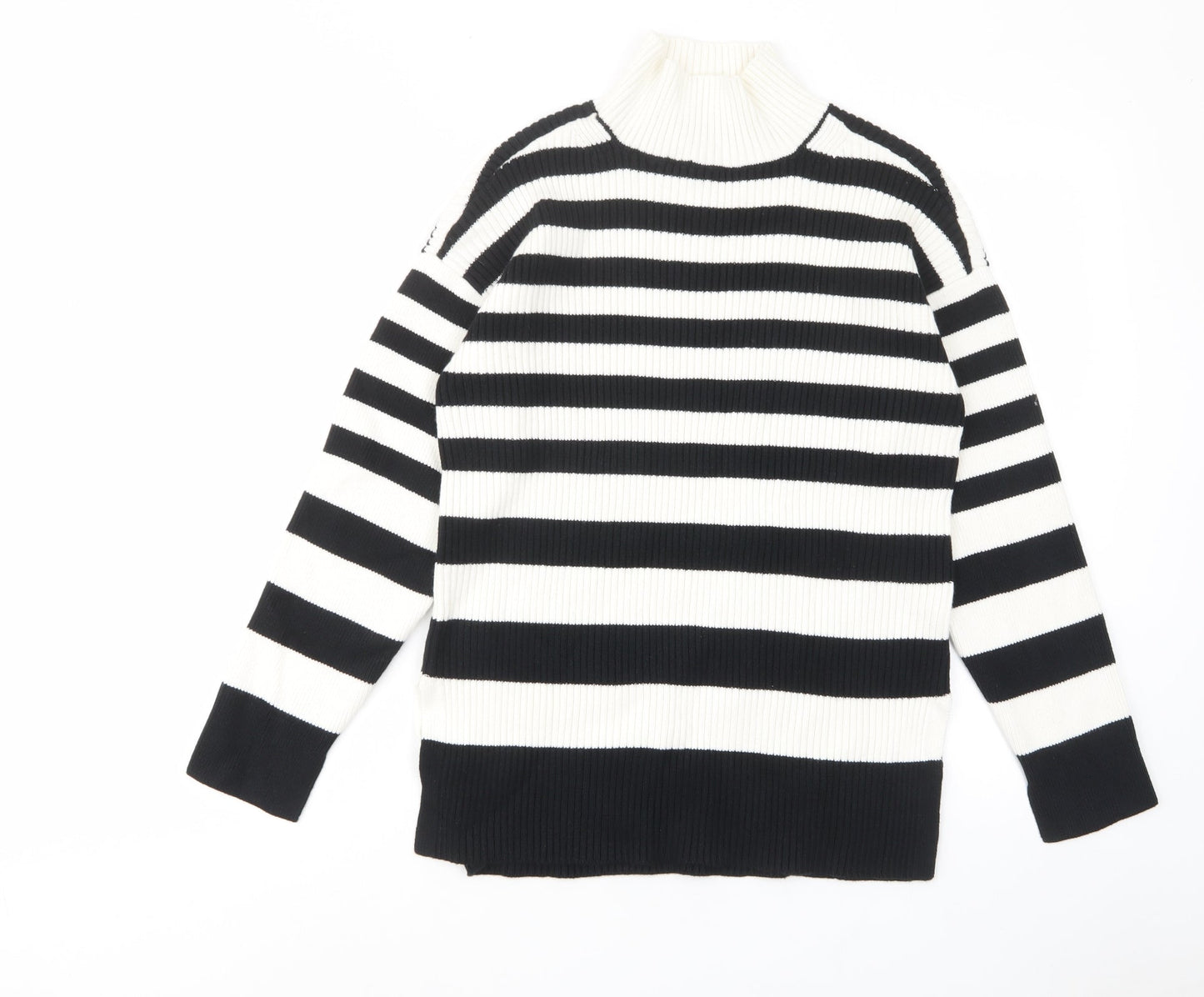 Marks and Spencer Womens White High Neck Striped Cotton Pullover Jumper Size M