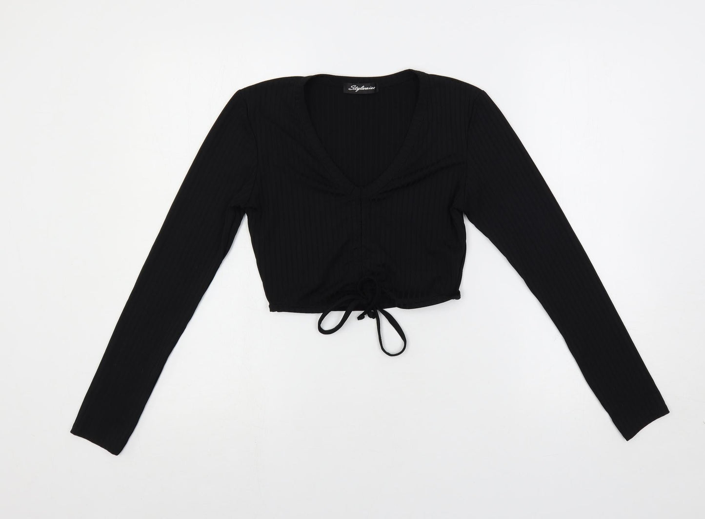 Stylewise Womens Black Polyester Cropped T-Shirt Size S V-Neck - Ribbed