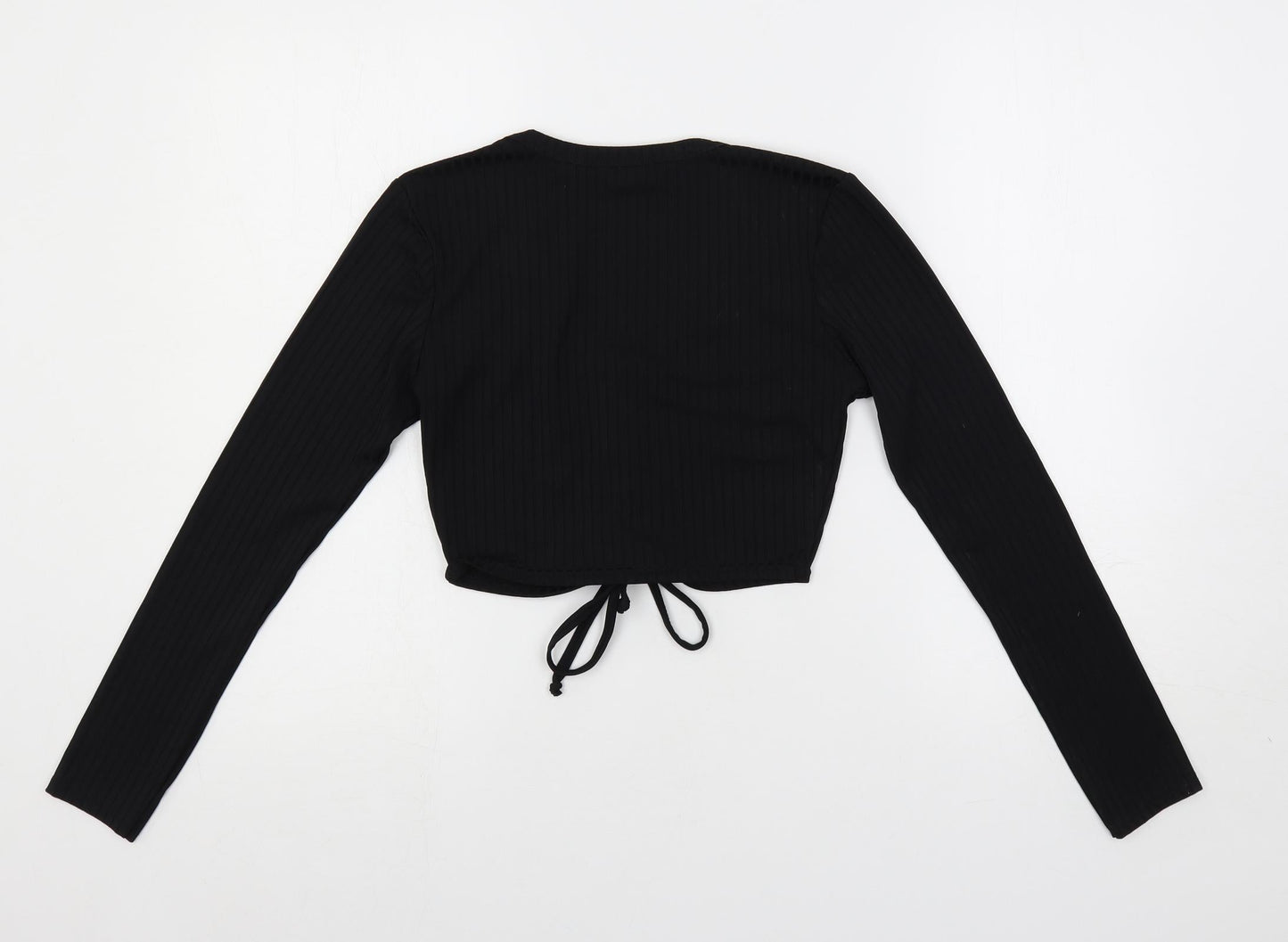 Stylewise Womens Black Polyester Cropped T-Shirt Size S V-Neck - Ribbed