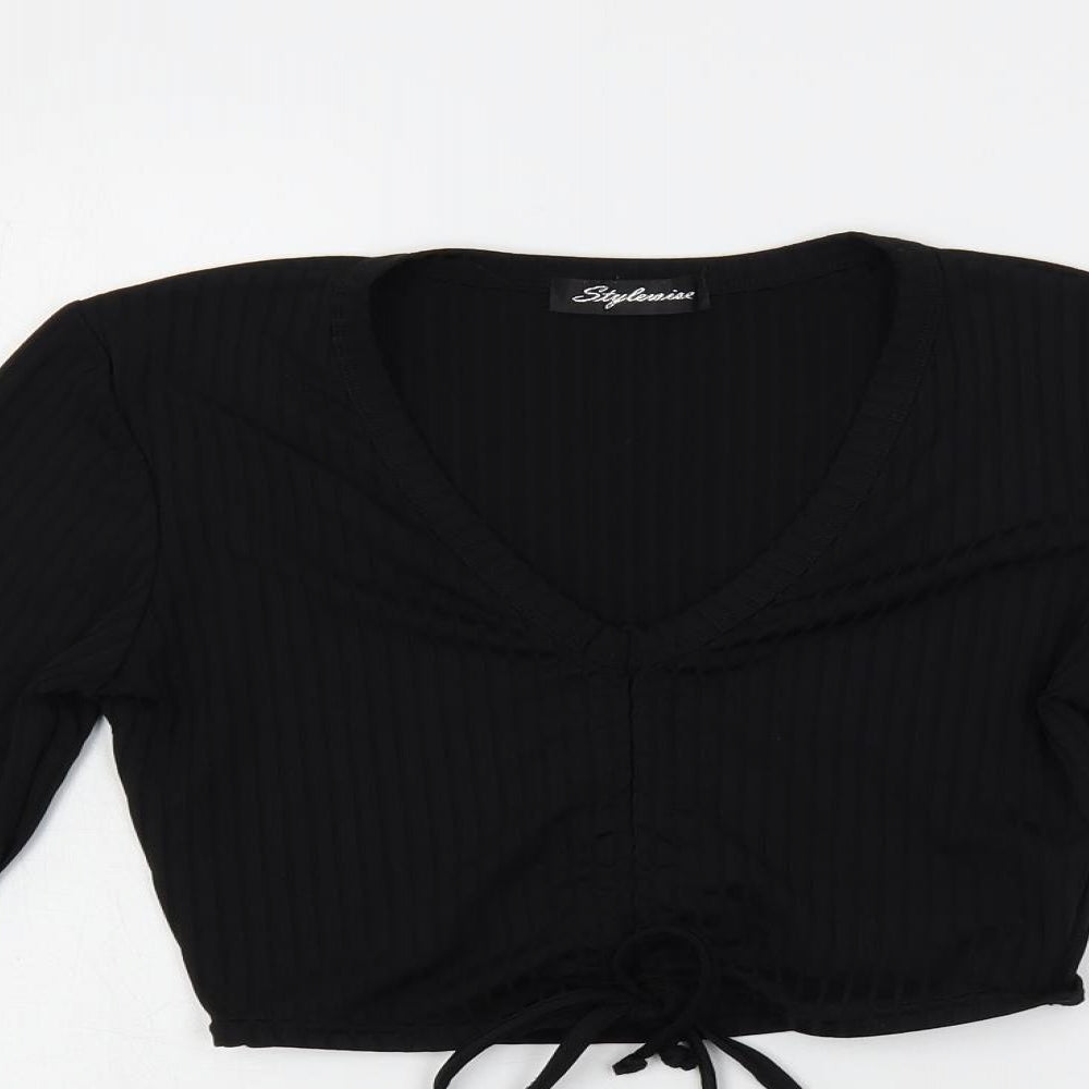 Stylewise Womens Black Polyester Cropped T-Shirt Size S V-Neck - Ribbed
