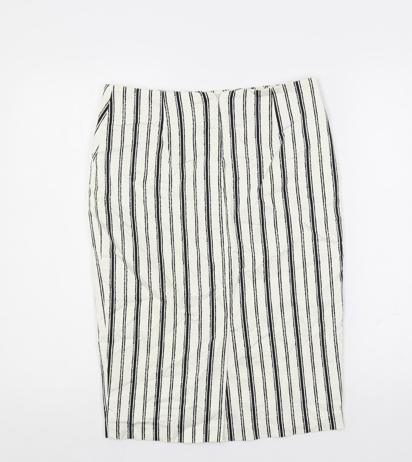 Marks and Spencer Womens White Striped Cotton Straight & Pencil Skirt Size 10 Zip