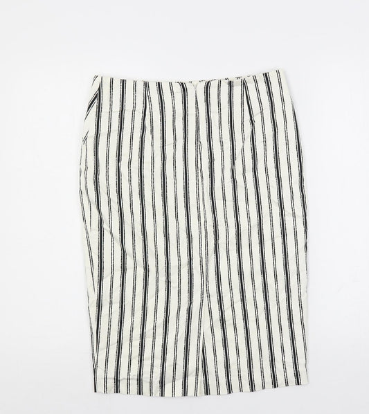 Marks and Spencer Womens White Striped Cotton Straight & Pencil Skirt Size 10 Zip