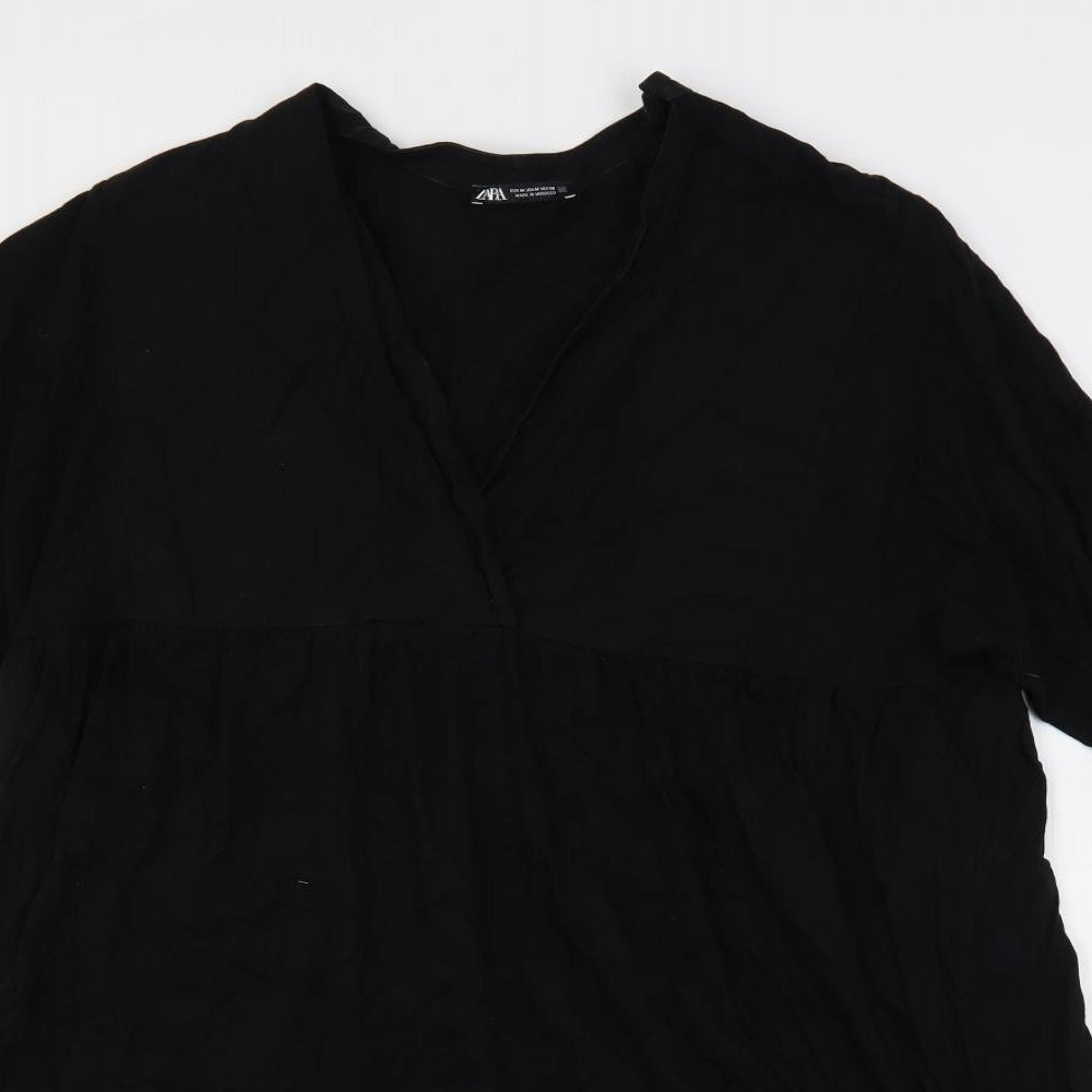 Zara Womens Black Cotton Trapeze & Swing Size M V-Neck Pullover