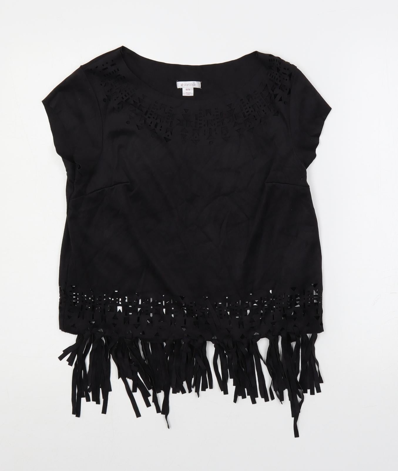 Xhilaration Womens Black Polyester Basic Blouse Size M Boat Neck - Fringe