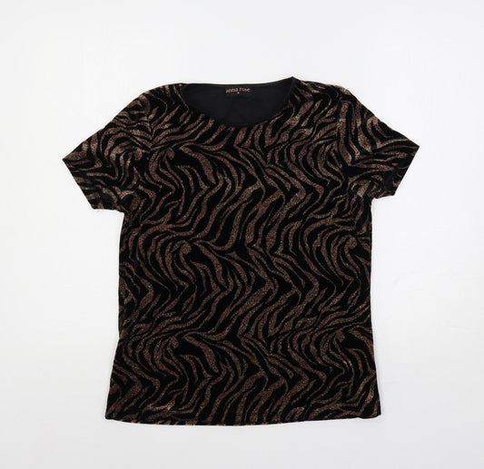 Anna Rose Womens Black Animal Print Polyester Basic Blouse Size M Round Neck - Glitter