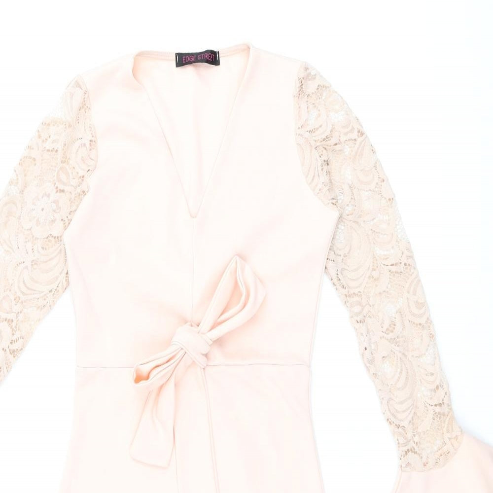 Edge Street Womens Pink Polyester Bodycon Size 8 V-Neck Pullover - Lace Sleeves