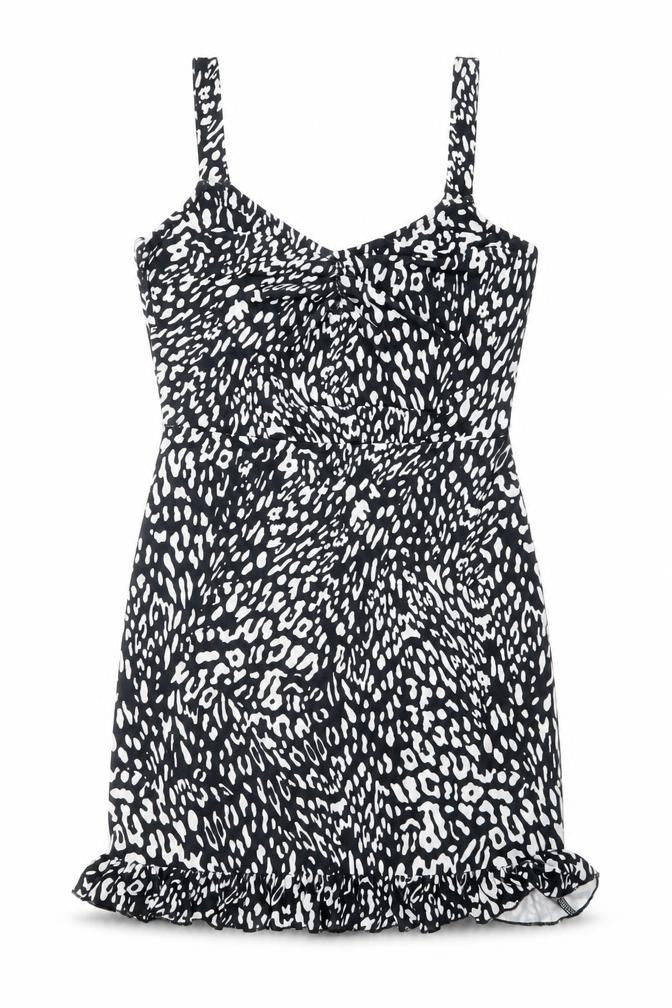 Front view of Miss Selfridge women’s black geometric polyester mini, size UK 8, v-neck pullover - ruffles