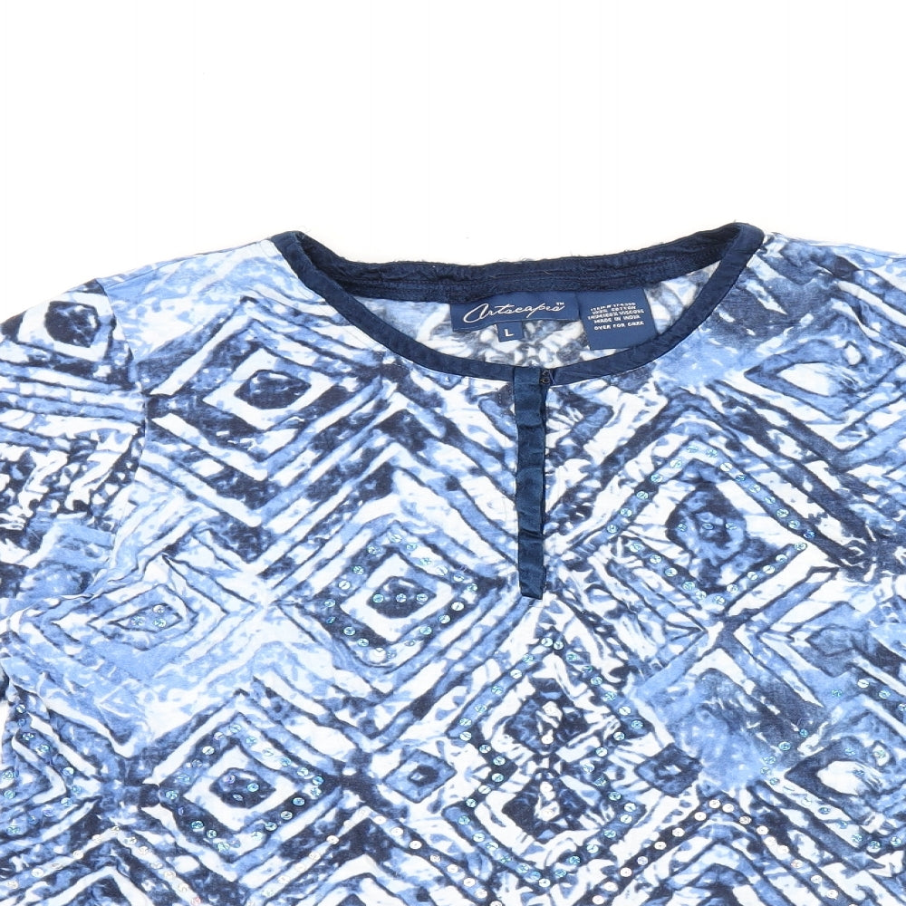 Artacapea Womens Blue Geometric Cotton Basic Blouse Size L Round Neck - Sequins