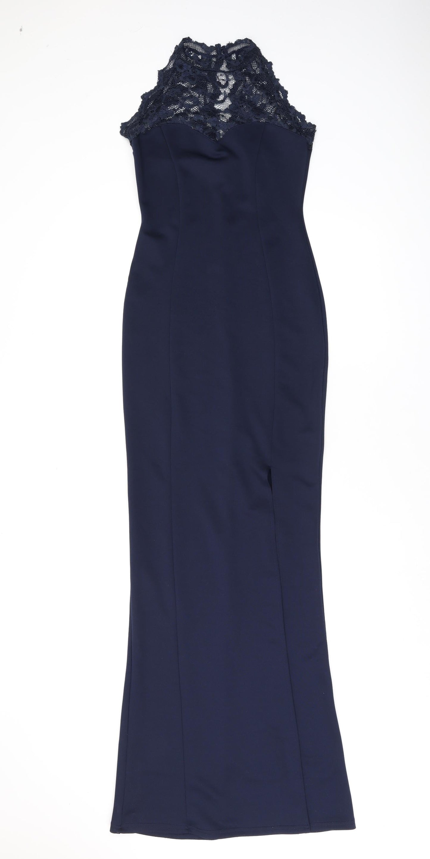 Jessica Womens Blue Nylon Maxi Size 8 Round Neck Pullover - Lace Neckline