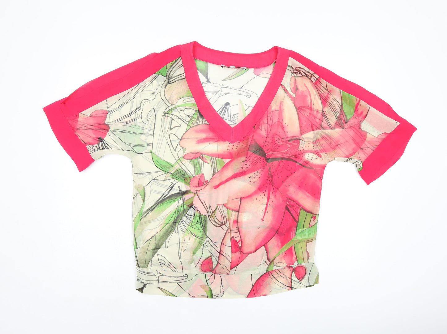 NEXT Womens Pink Floral Polyester Basic Blouse Size 6 V-Neck - Cold Shoulder, Sheer
