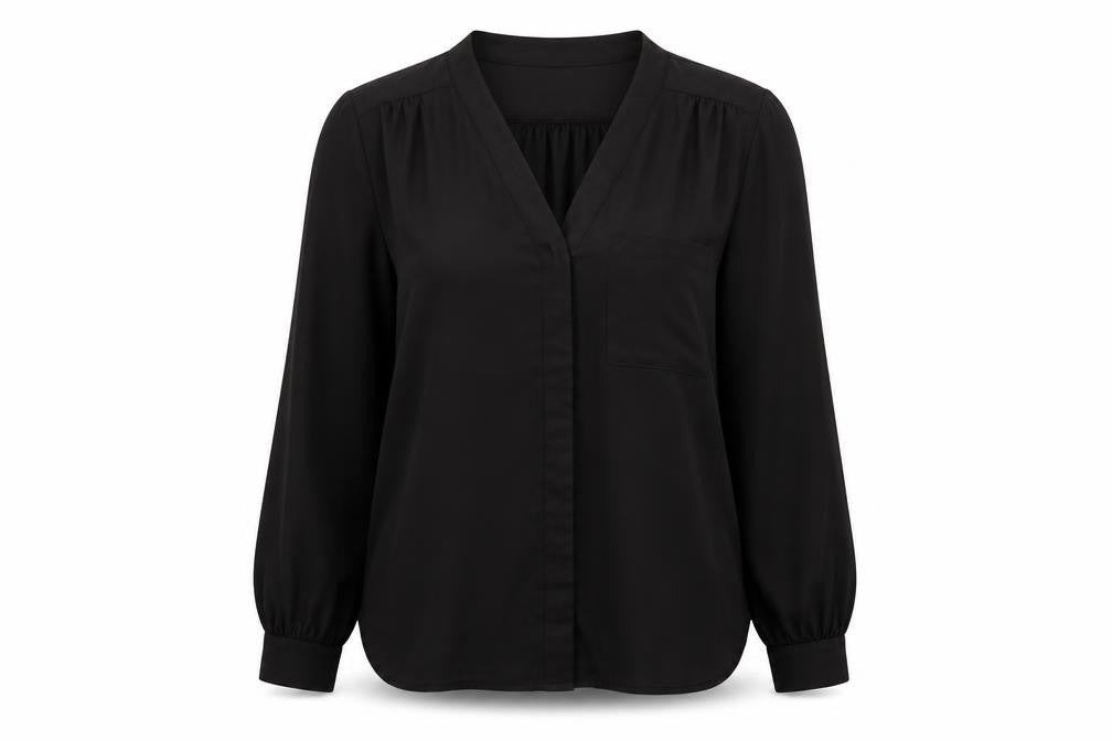 Front view of ASOS women’s black polyester basic button-up, size UK 10, v-neck