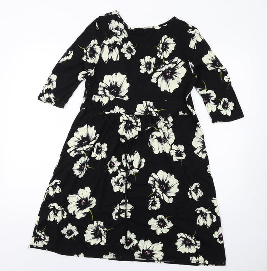 Wallis Womens Black Floral Viscose A-Line Size 14 V-Neck Pullover
