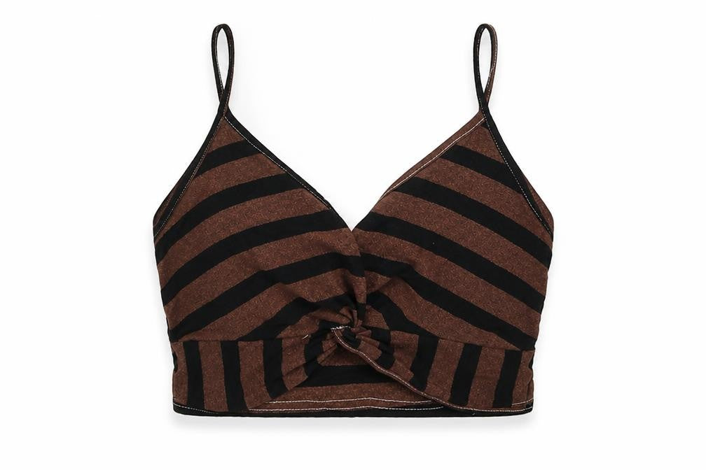 New Look Womens Brown Striped Viscose Cropped T-Shirt Size 12 V-Neck - Twist Front