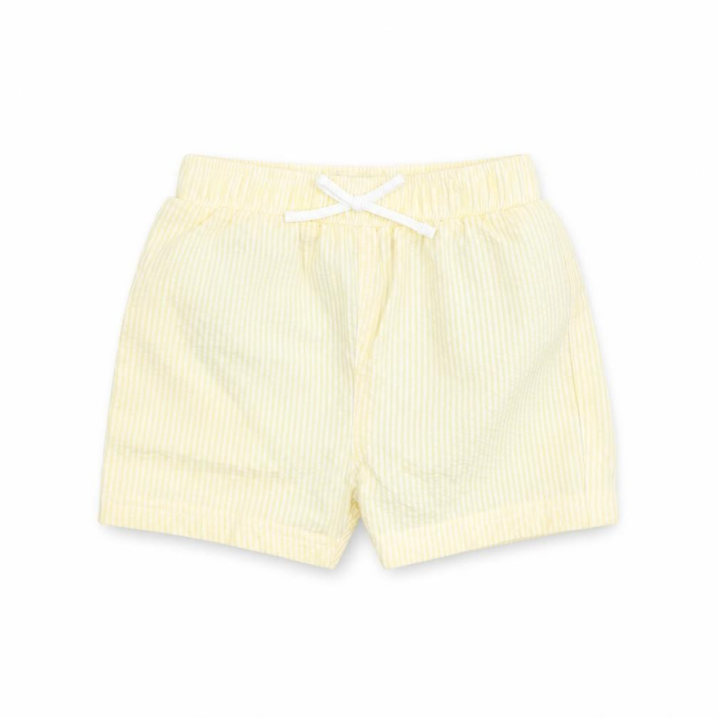 Front view of Marks & Spencer Baby Yellow Striped Cotton Cropped Jeans, size 9-12, Months Drawstring