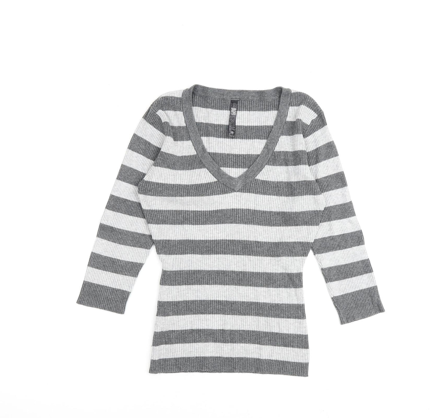 Bay Womens Grey V-Neck Striped Viscose Pullover Jumper Size 10