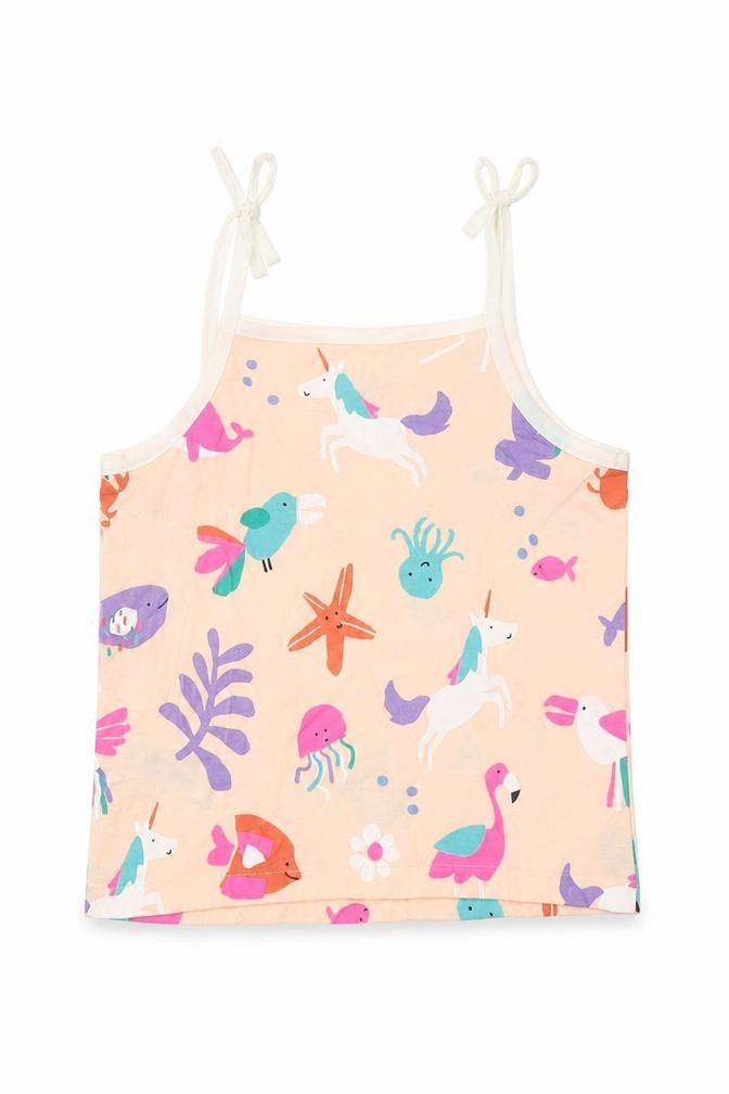 Front view of Marks & Spencer girls’ beige geometric 100% cotton basic tank, years square neck pullover - unicorn crabs