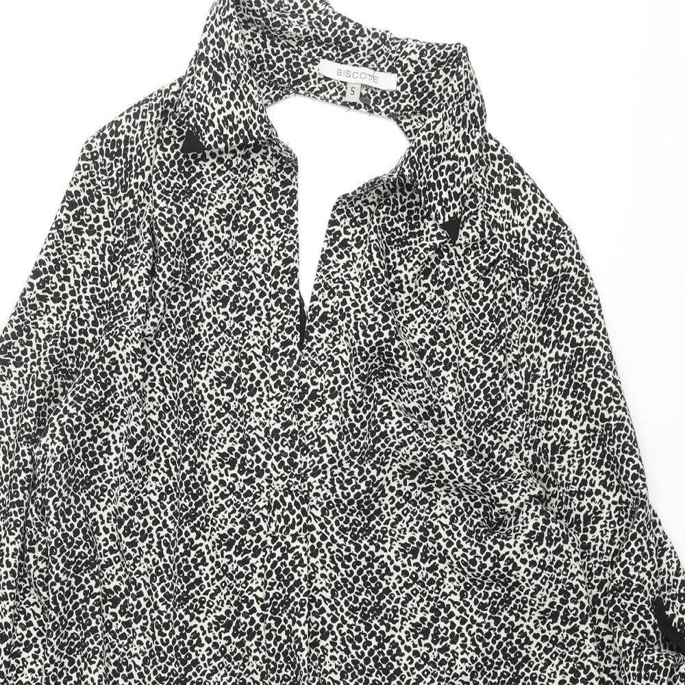Biscote Womens Black Animal Print Polyester Shift Size S Collared Pullover - Cut Out Back Leopard Print