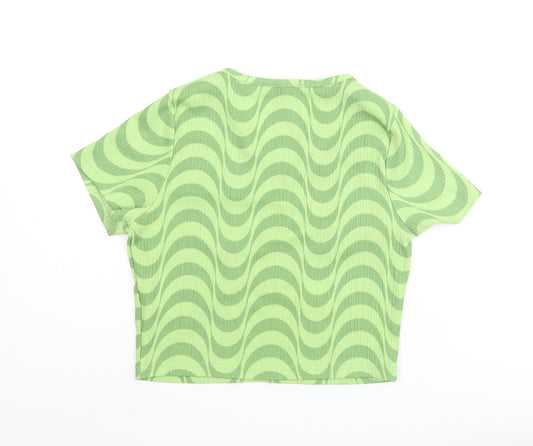 Wednesday's Girl Womens Green Geometric Polyester Cropped T-Shirt Size S Round Neck - Cut Out