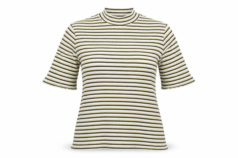 Marks and Spencer Womens Multicoloured Striped Cotton Basic T-Shirt Size 12 Mock Neck