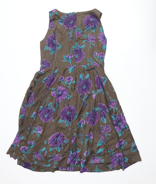 Vacknox Womens Brown Floral Cupro Fit & Flare Size 10 Scoop Neck Zip