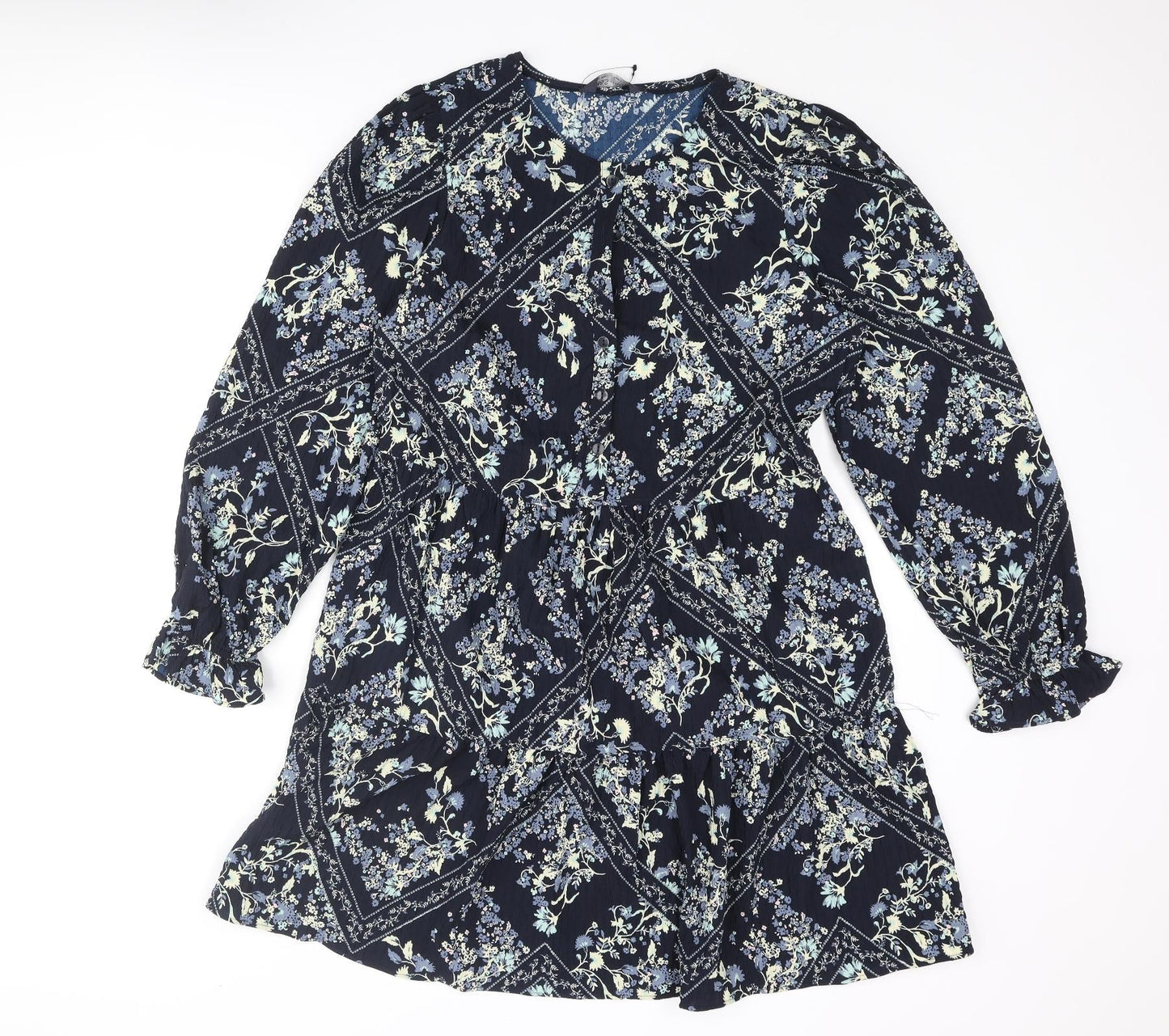 Marks and Spencer Womens Blue Geometric Polyester Shift Size 10 Round Neck Button - Smocked