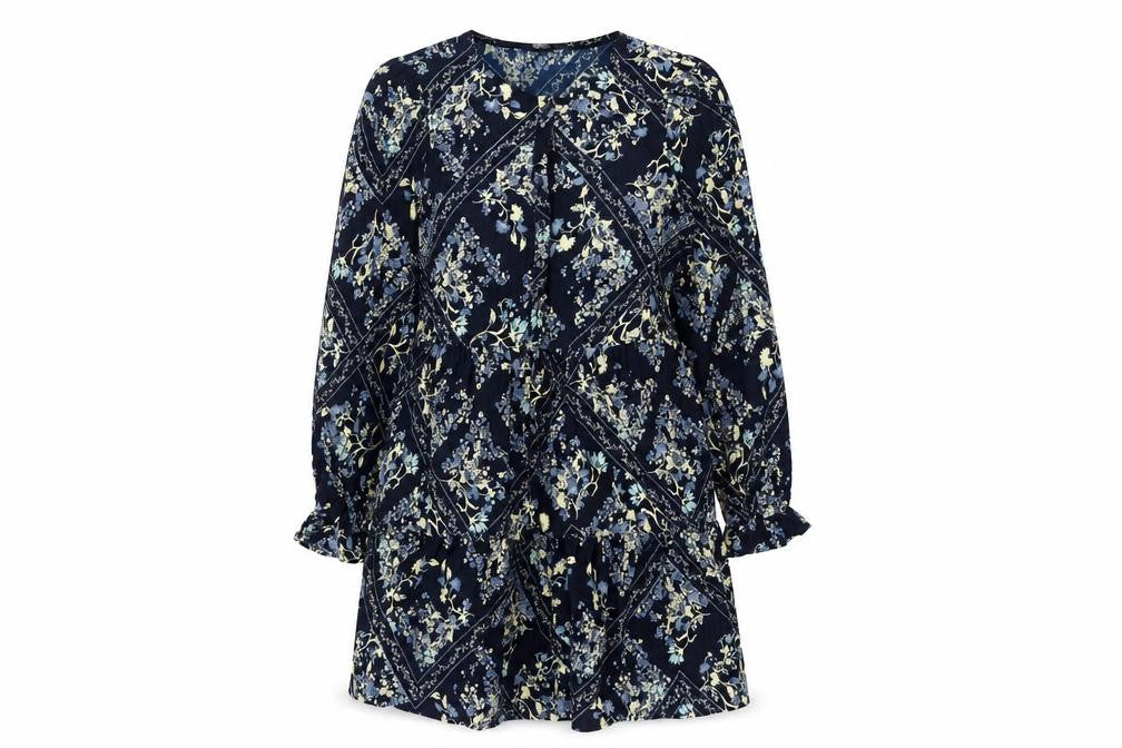 Marks and Spencer Womens Blue Geometric Polyester Shift Size 10 Round Neck Button - Smocked
