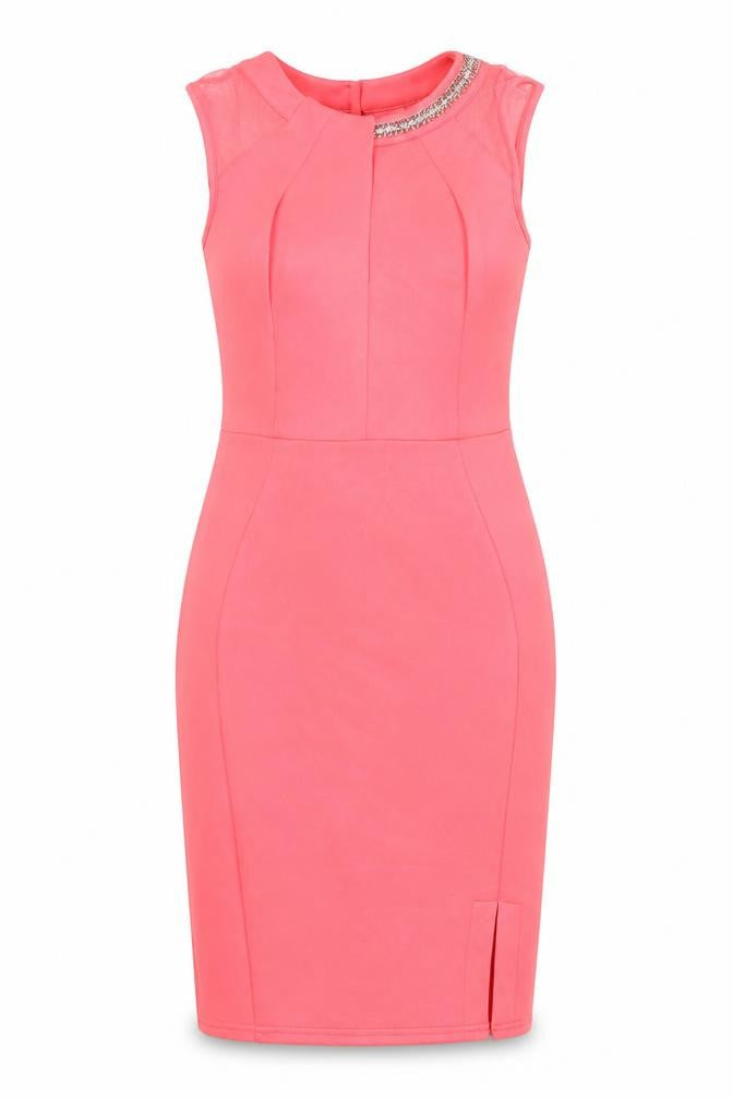 Lipsy Womens Pink Polyester Bodycon Size 8 Round Neck Zip - Chain Detail, Slit