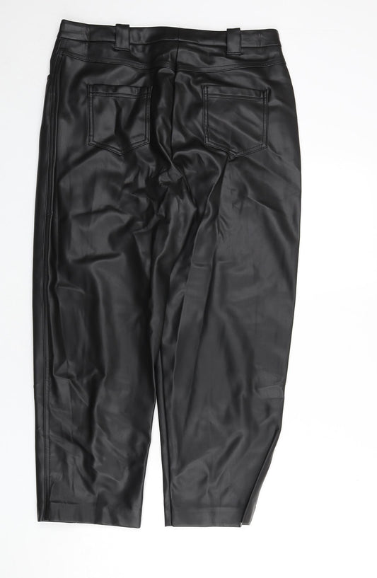 Marks and Spencer Womens Black Polyester Trousers Size 16 L25 in Regular Zip - Faux Leather
