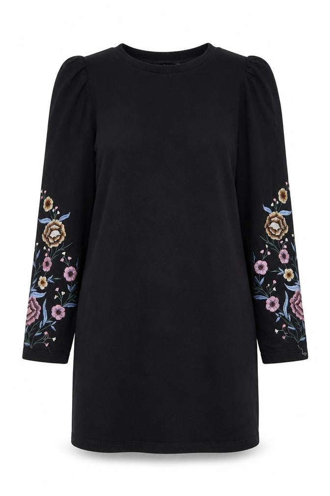 Front view of ASOS women’s black polyester a-line, size UK 8, crew neck pullover