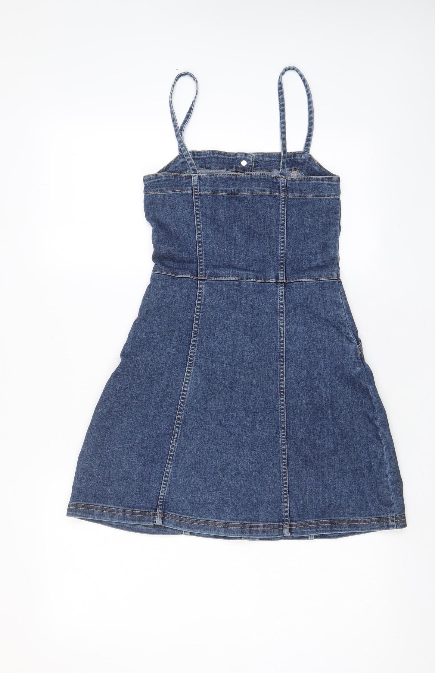 H&M Womens Blue Cotton Sheath Size 6 Square Neck Button - Pockets