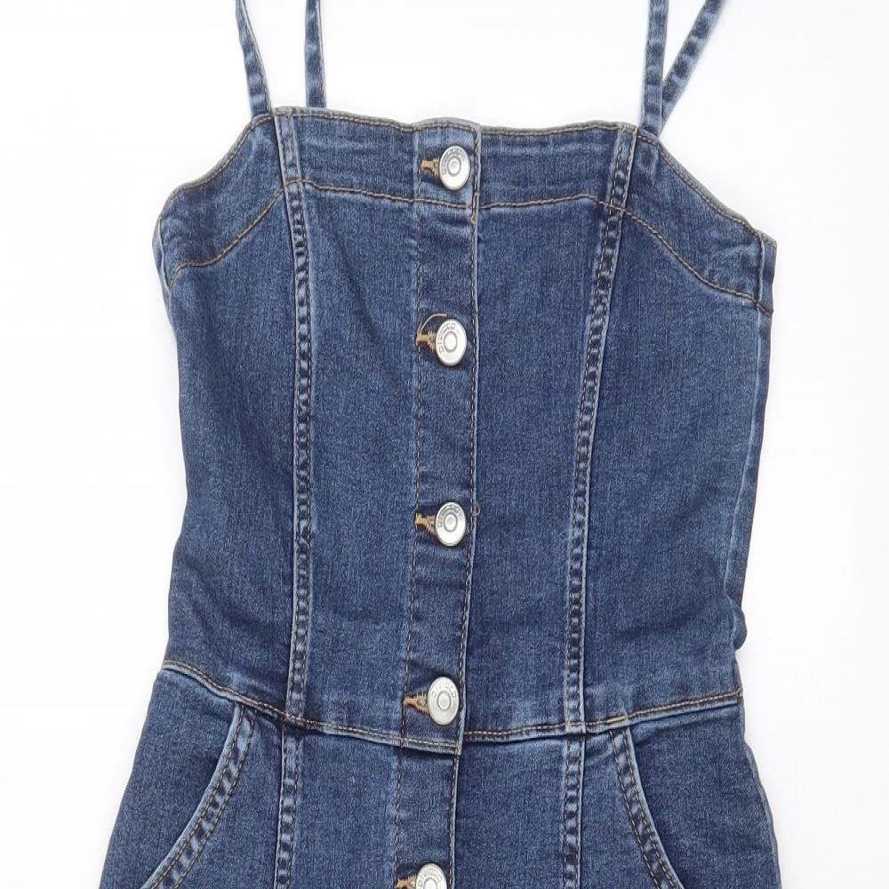 H&M Womens Blue Cotton Sheath Size 6 Square Neck Button - Pockets