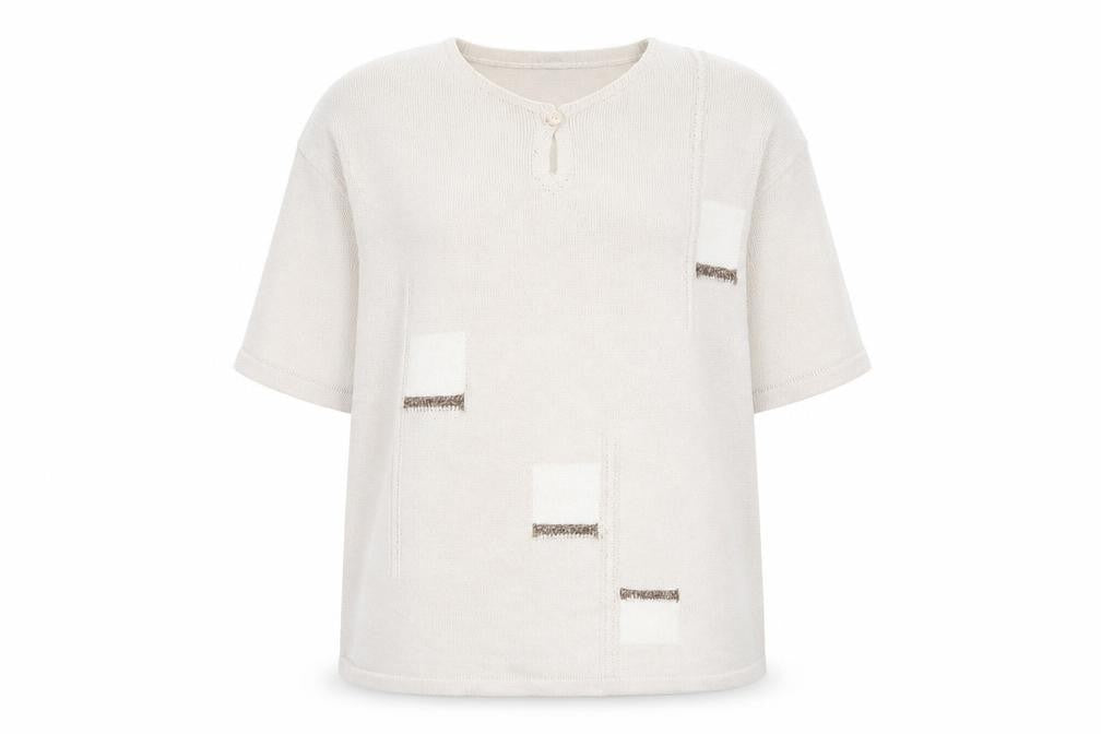 Front view of C&A women’s beige crew neck acrylic jumper, size L, - keyhole neck