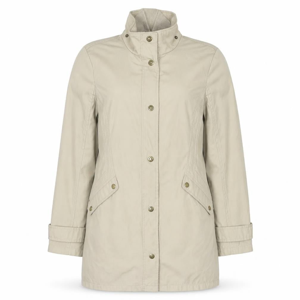 Front view of Principles women’s beige parka jacket, size UK 14, zip - detachable fleece