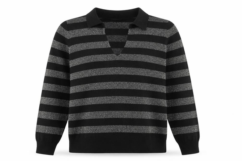 Marks and Spencer Womens Black Collared Striped Viscose Pullover Jumper Size L