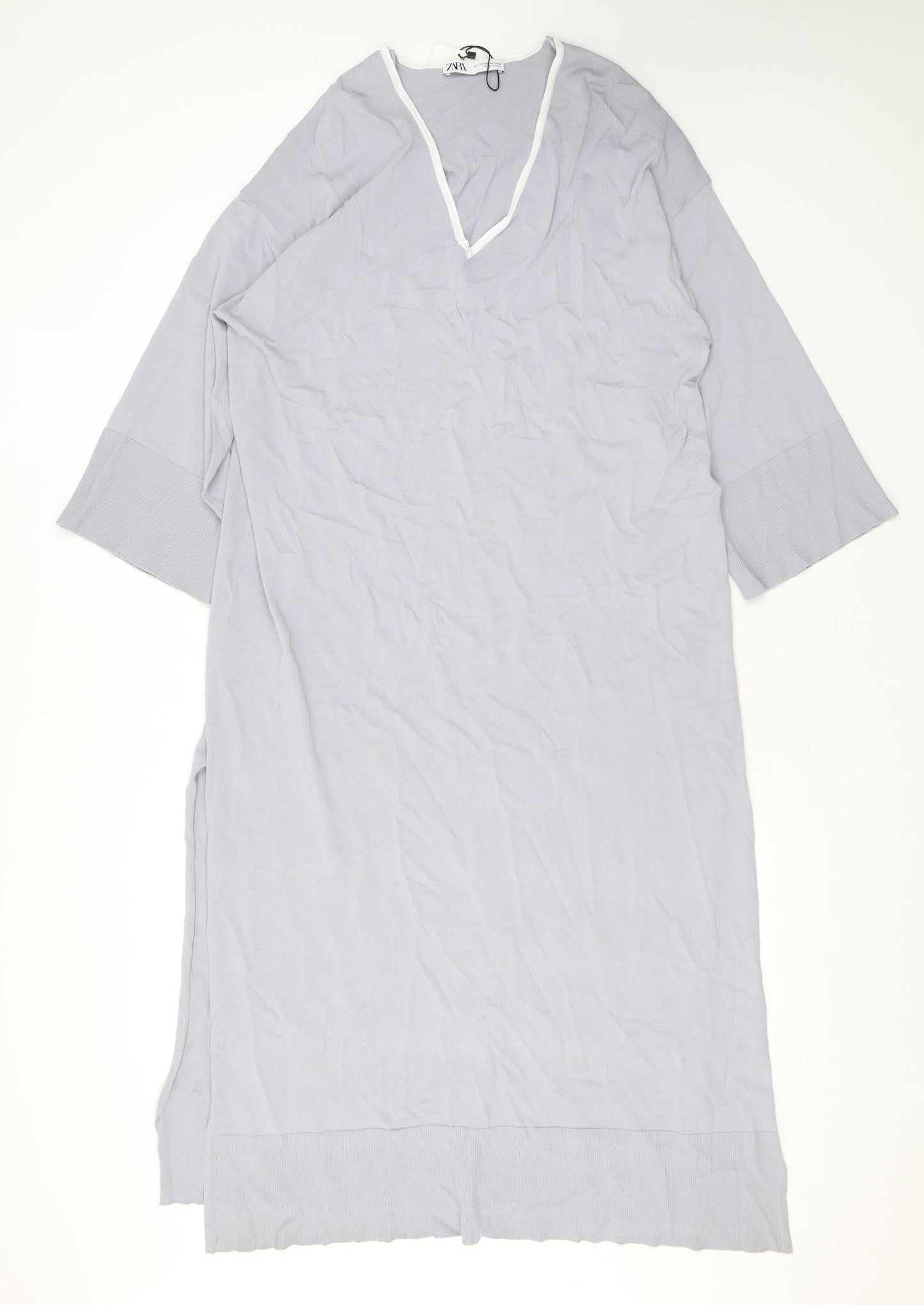 Zara Womens Grey Viscose T-Shirt Dress Size XS V-Neck Pullover - Slit