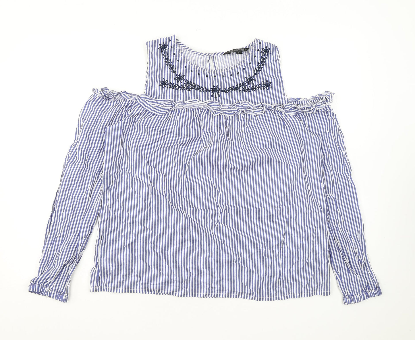 Dorothy Perkins Womens Blue Striped Cotton Basic Blouse Size 14 Round Neck - Cold Shoulder