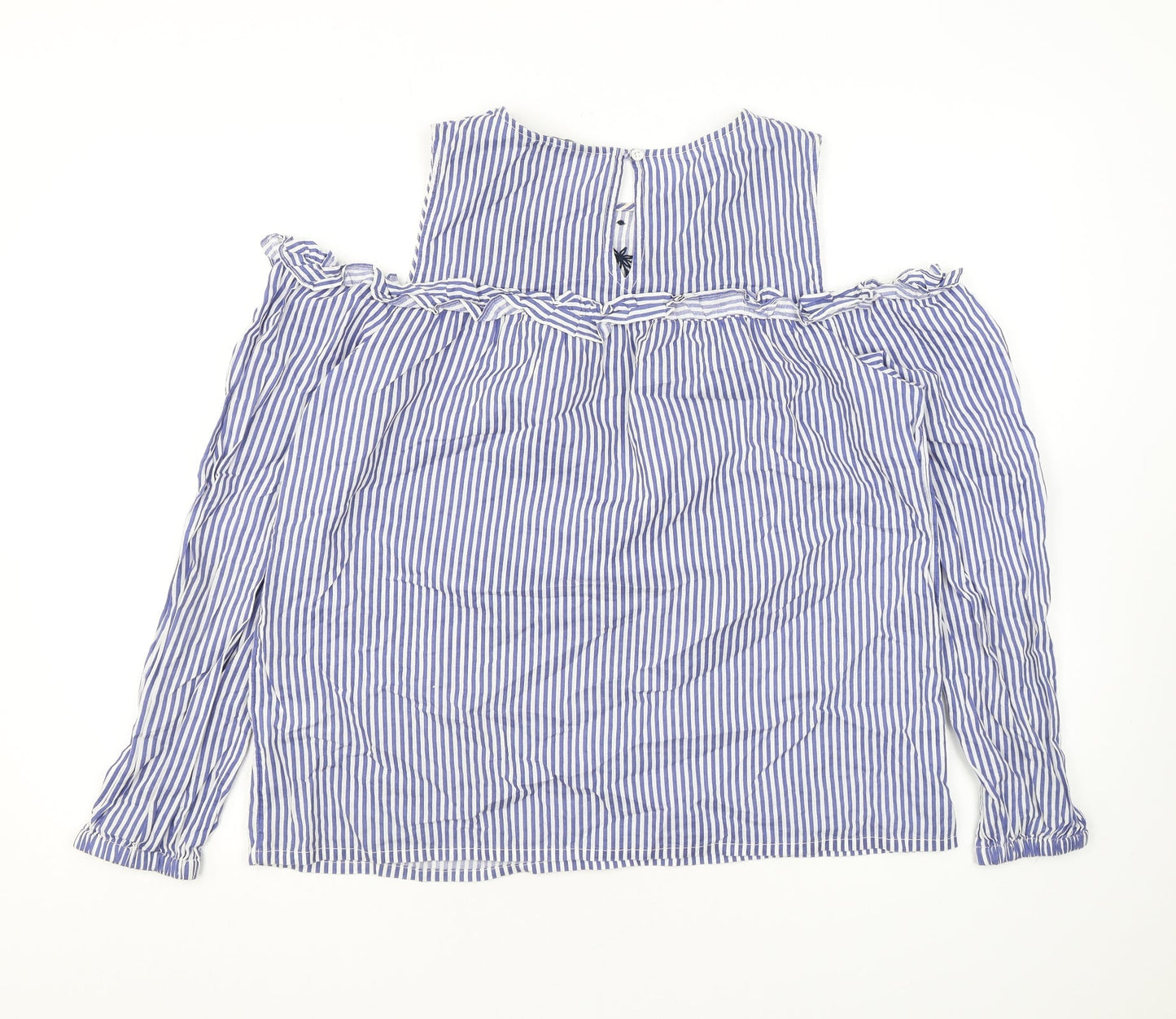 Dorothy Perkins Womens Blue Striped Cotton Basic Blouse Size 14 Round Neck - Cold Shoulder