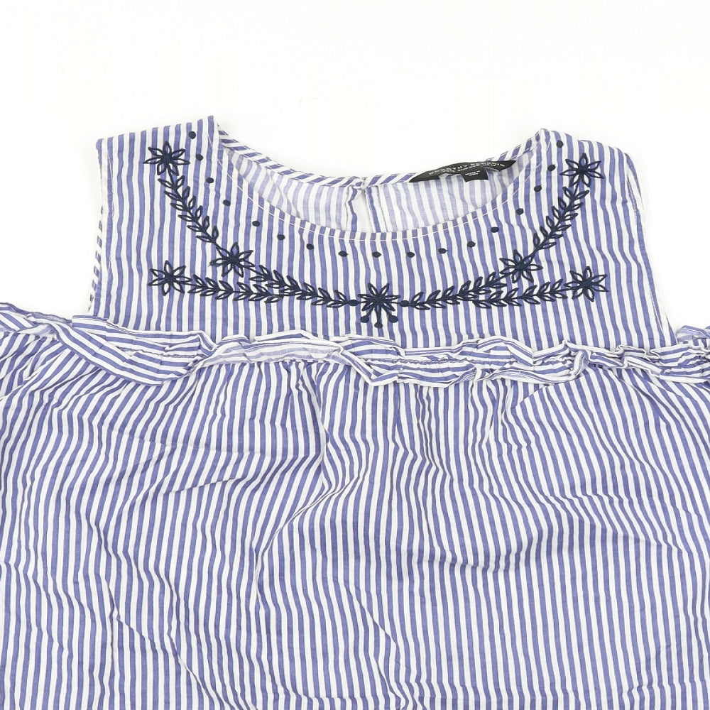 Dorothy Perkins Womens Blue Striped Cotton Basic Blouse Size 14 Round Neck - Cold Shoulder
