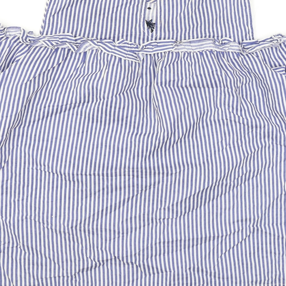 Dorothy Perkins Womens Blue Striped Cotton Basic Blouse Size 14 Round Neck - Cold Shoulder