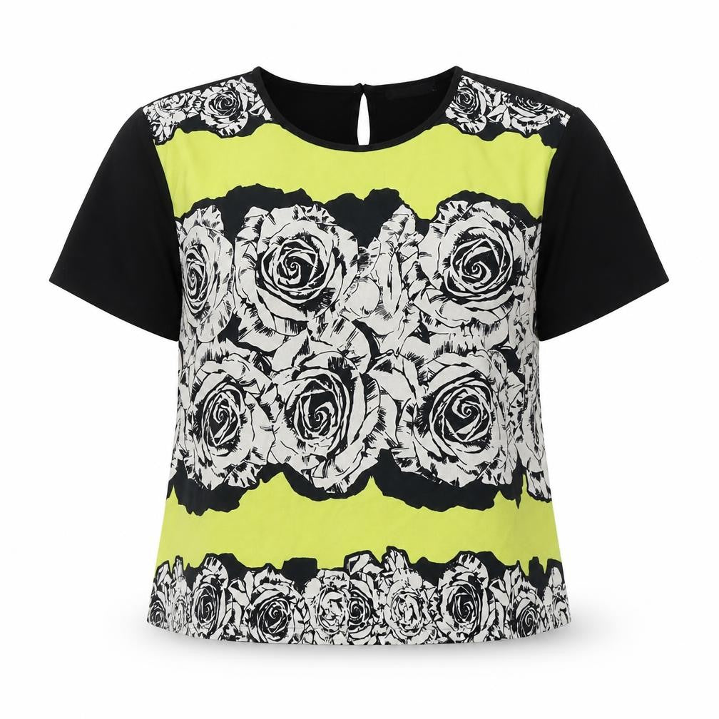 Beloved Womens Black Geometric Polyester Basic Blouse Size M Round Neck - Roses