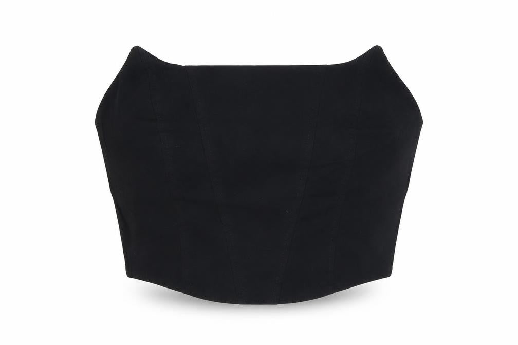 Front view of ASOS women’s black viscose cropped blouse, size UK 12, off the shoulder - open back