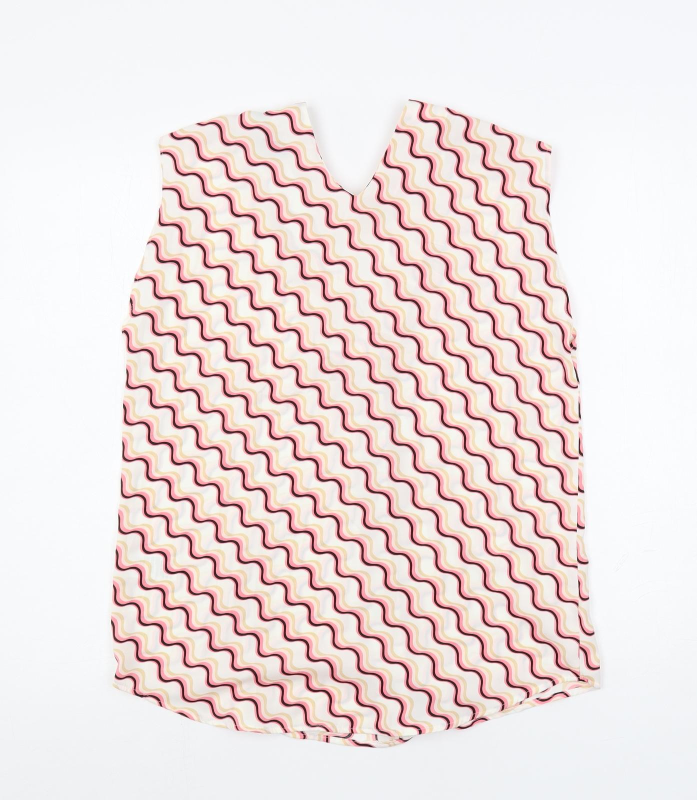 Marks and Spencer Womens White Geometric Polyester Basic Blouse Size 8 V-Neck