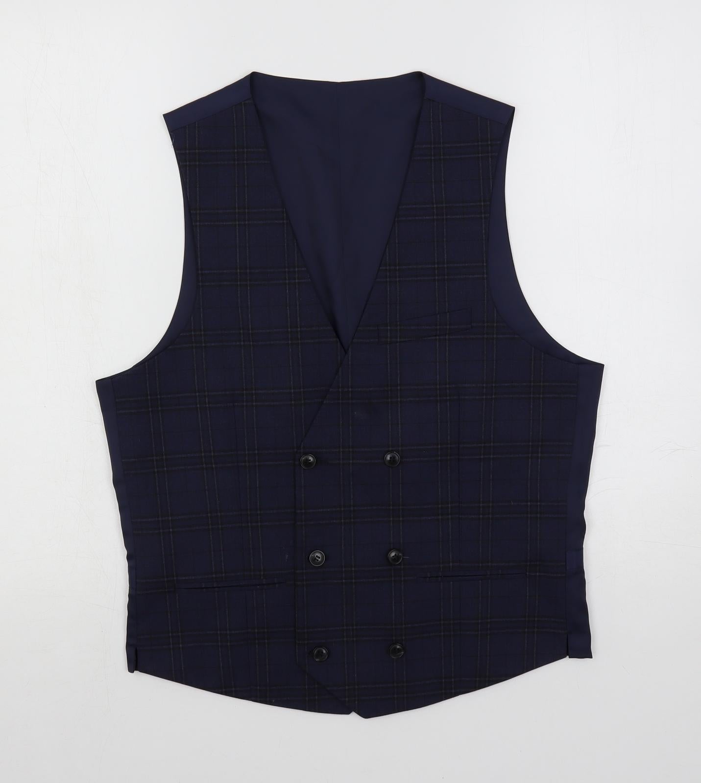 Marks and Spencer Mens Blue Plaid Polyester Jacket Suit Waistcoat Size 36 Regular